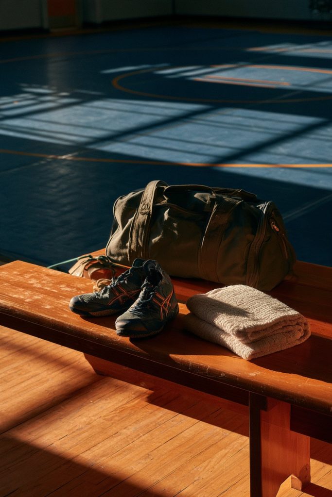 Gym bag, wrestling shoes and towel on a wooden bench in an empty wrestling room
