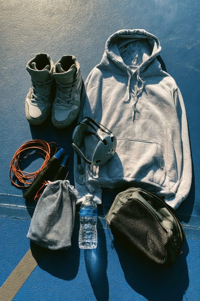 Wrestling shoes, hoodie, jump rope and shoe bag laid out on a blue mat