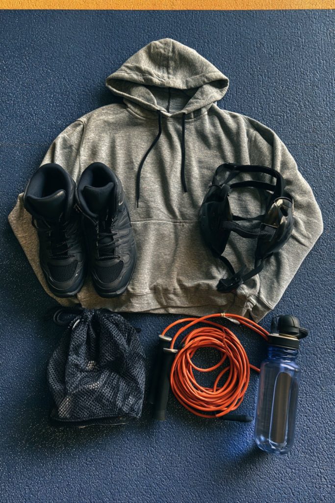 Grey hoodie, wrestling shoes, headgear and orange jump rope on a wrestling mat