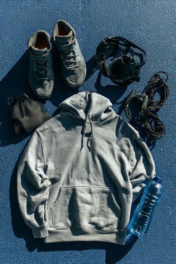 Wrestling gift ideas including shoes, ear guards and a hoodie on blue mat texture