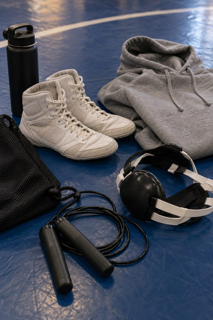 Flat lay on a blue wrestling mat of wrestling shoes, ear guard headgear, hoodie, jump rope and shoe bag