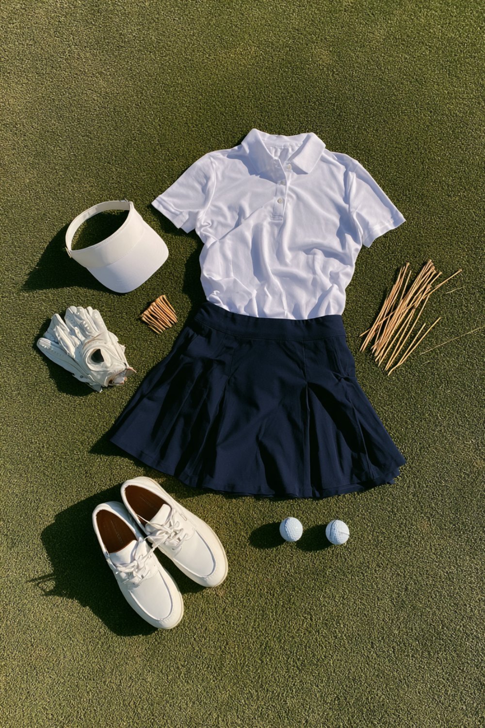 Women's golf outfit flat lay on grass: white polo, navy pleated skort, white golf shoes, visor, glove and tees