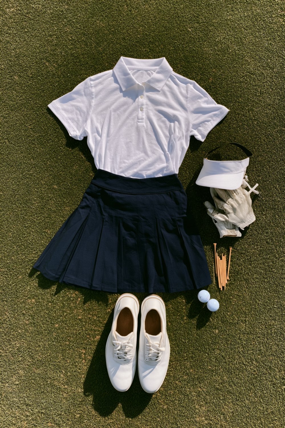 White polo and navy pleated golf skort with white shoes, a visor, glove and golf balls on the fairway