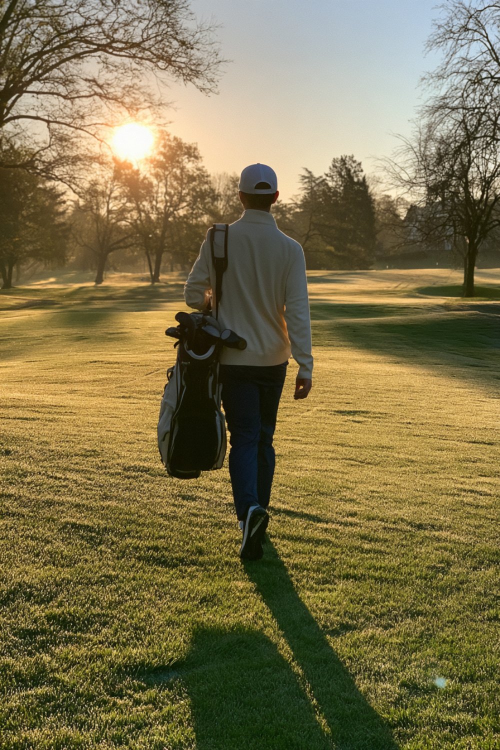 Golfer seen from behind walking down a fairway at sunrise in a cream quarter zip carrying a stand bag