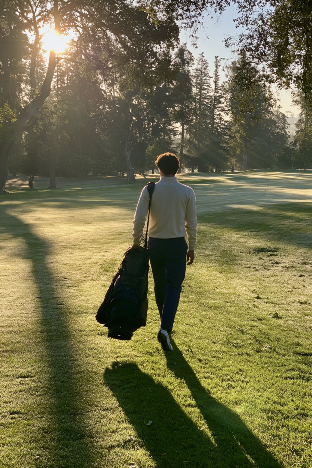 Golfer from behind on a dewy fairway with a stand bag, long morning shadows across the grass