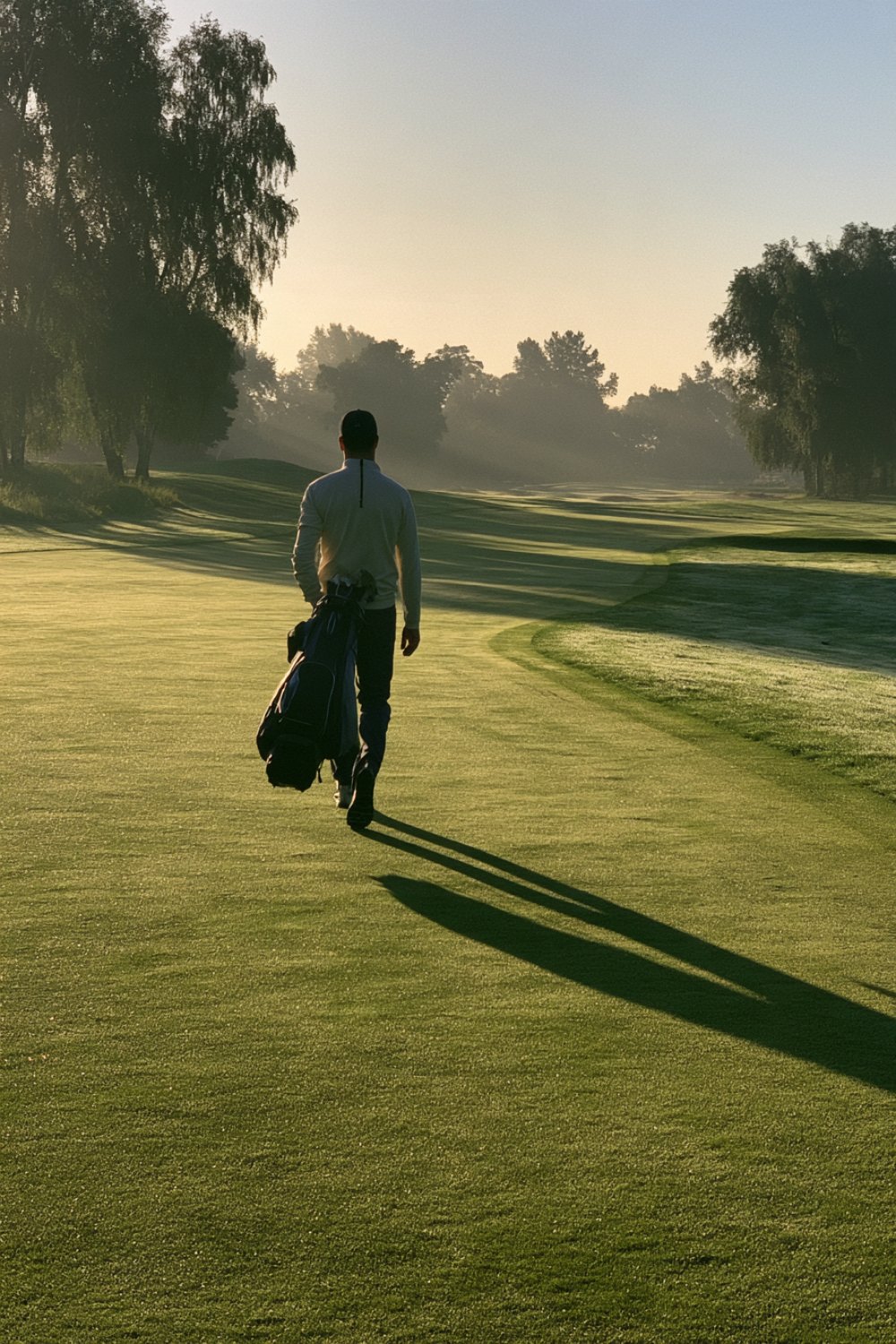 Golfer walking away down a sunlit fairway in a cream pullover and navy trousers with a carry bag