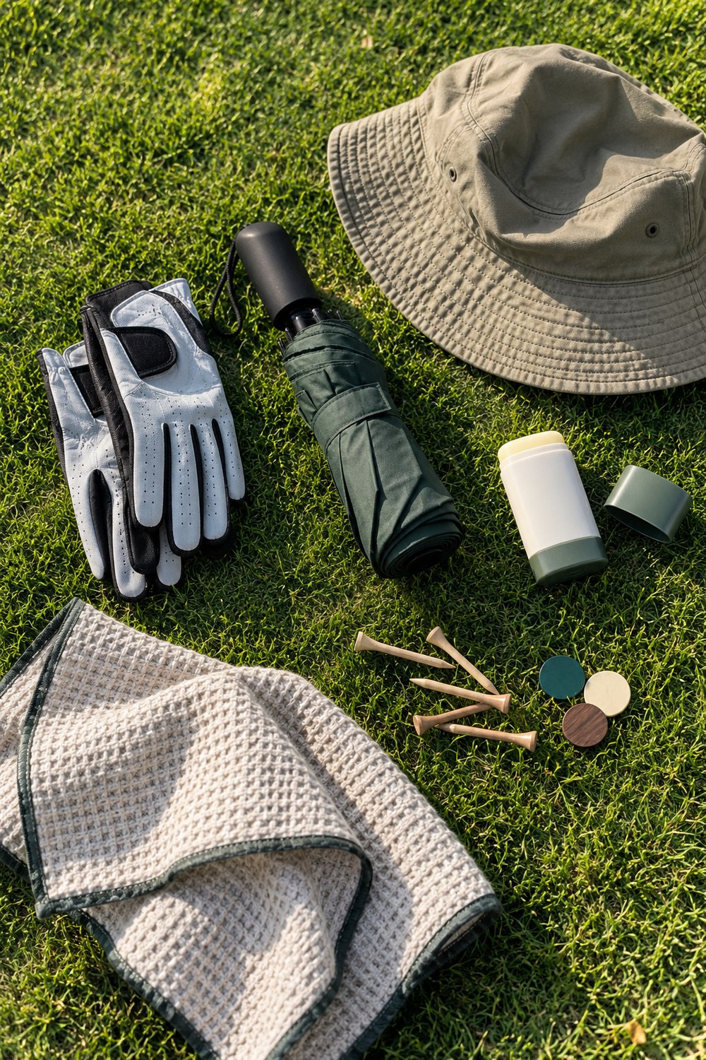 Golf bag essentials flat lay with rain gloves, umbrella, sunscreen, tees, ball markers, bucket hat and towel