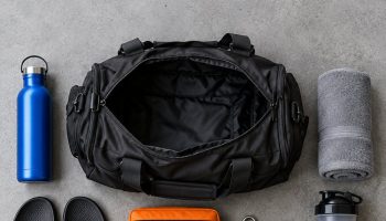 Gym bag essentials for men laid out around an open black duffel: water bottle, towel, slides, toiletry pouch, lock, earbuds and laundry bag