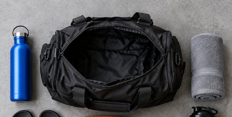 Gym bag essentials for men laid out around an open black duffel: water bottle, towel, slides, toiletry pouch, lock, earbuds and laundry bag