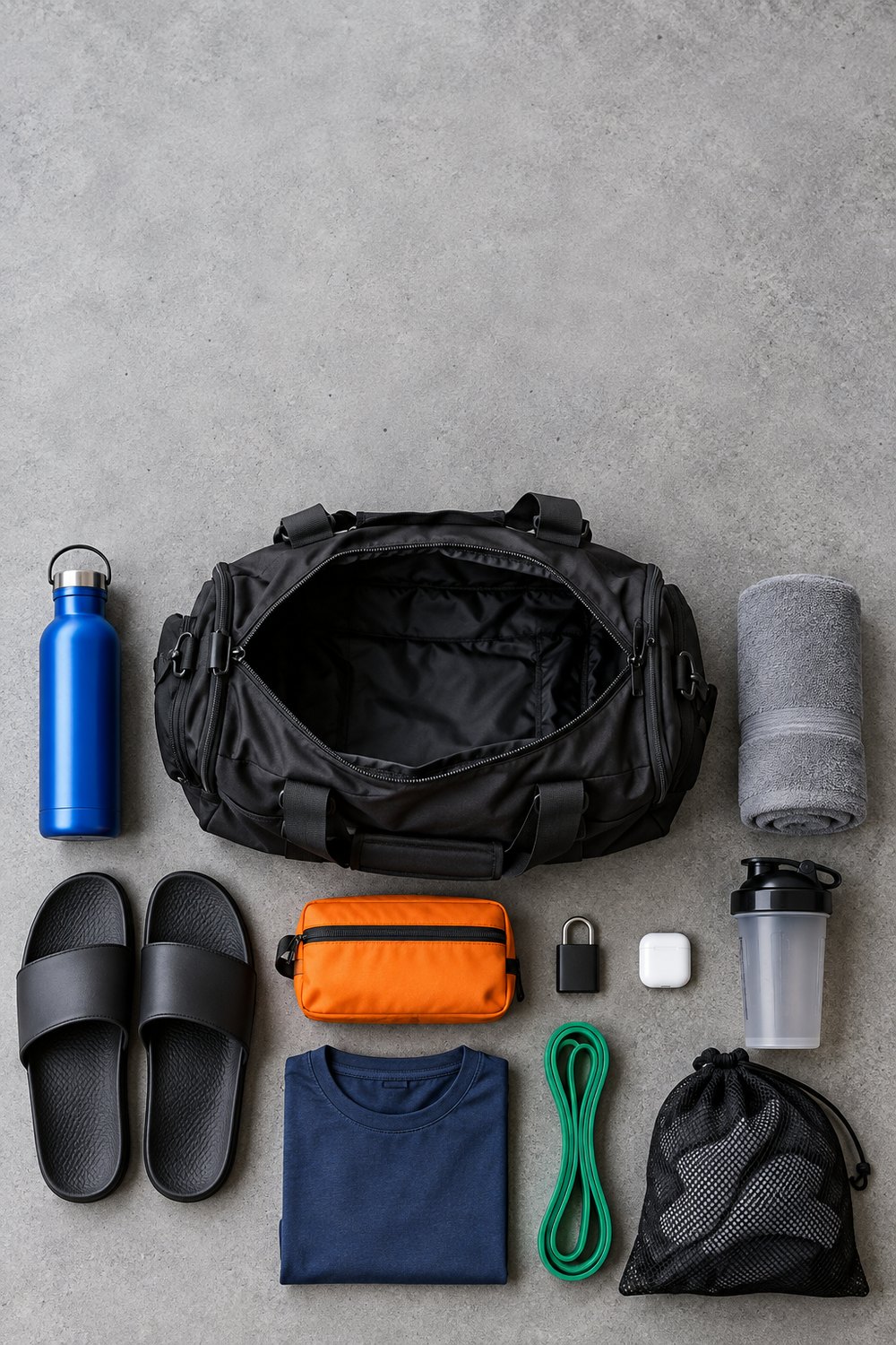 Gym bag essentials for men laid out around an open black duffel: water bottle, towel, slides, toiletry pouch, lock, earbuds and laundry bag