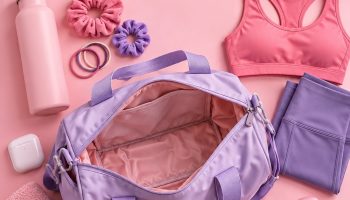 Gym bag essentials for women on pink: lilac duffel, water bottle, scrunchies, sports bra, leggings, earbuds, towel, slides and deodorant