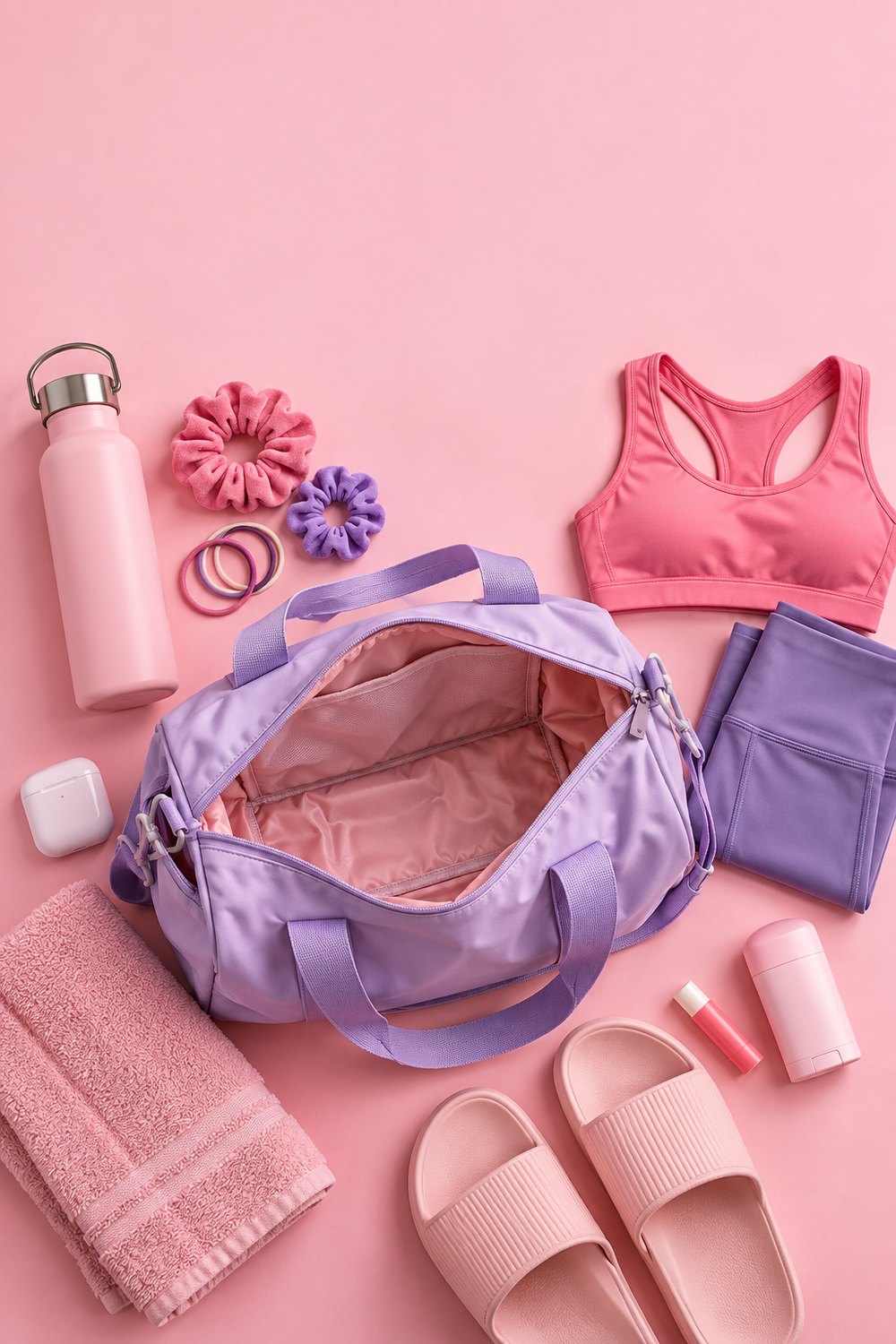 Gym bag essentials for women on pink: lilac duffel, water bottle, scrunchies, sports bra, leggings, earbuds, towel, slides and deodorant