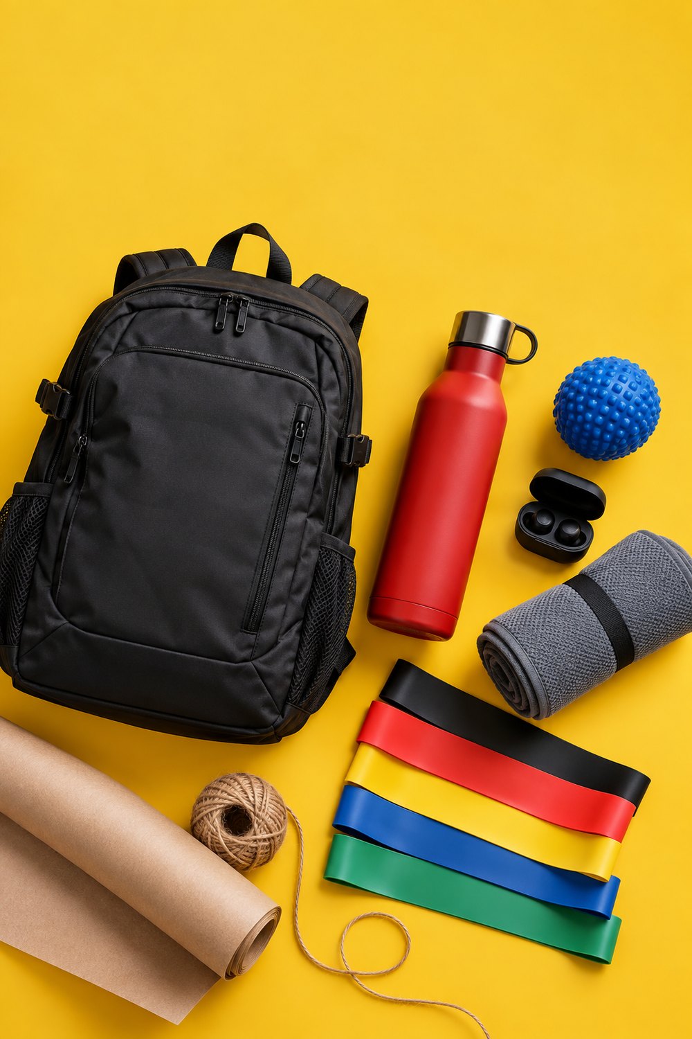 Gym gift ideas for men on a yellow background: black gym backpack, red water bottle, massage ball, earbuds, towel and resistance bands