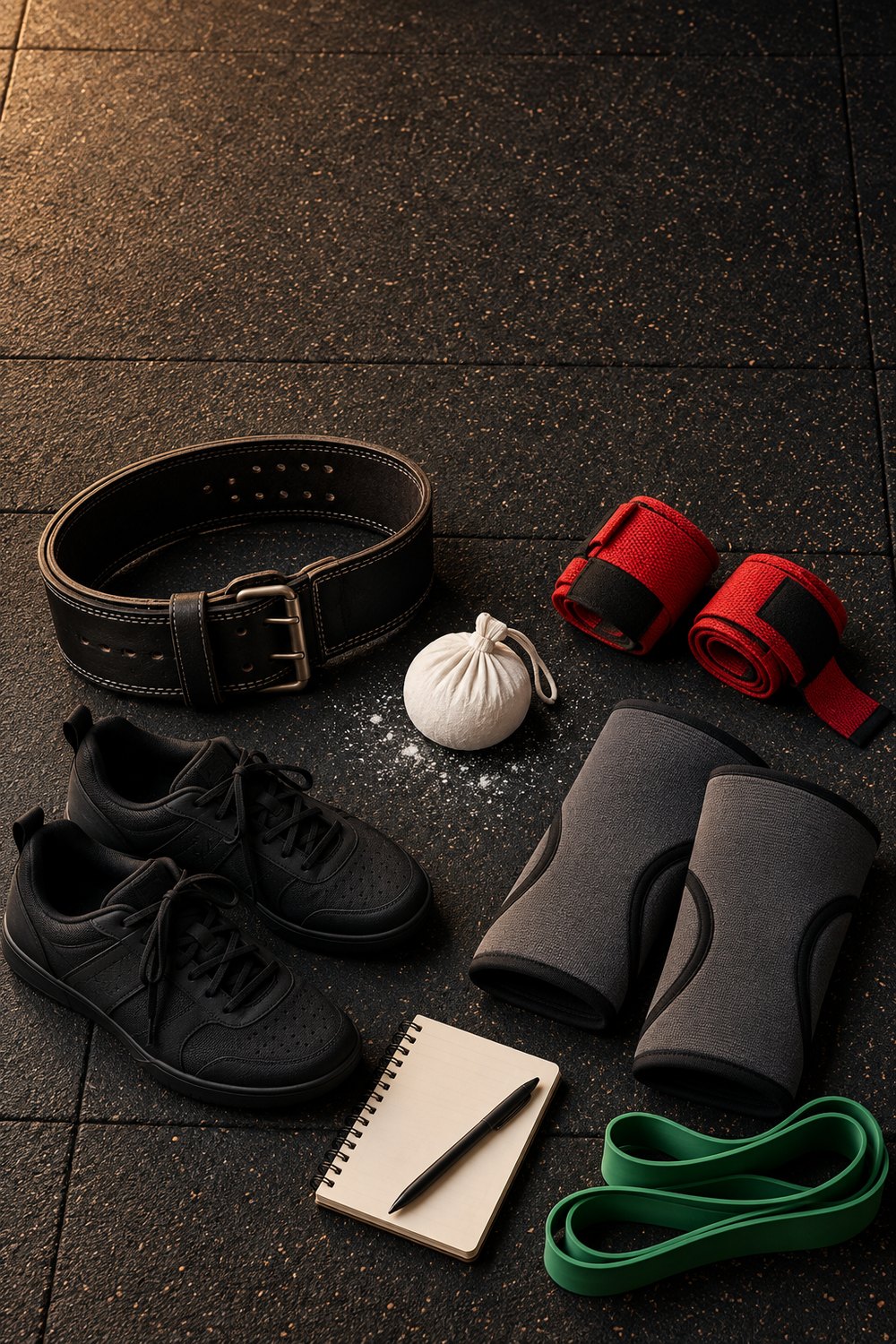 Lifting kit on a gym floor: leather lifting belt, red wrist wraps, chalk ball, flat training shoes, knee sleeves, notebook and band
