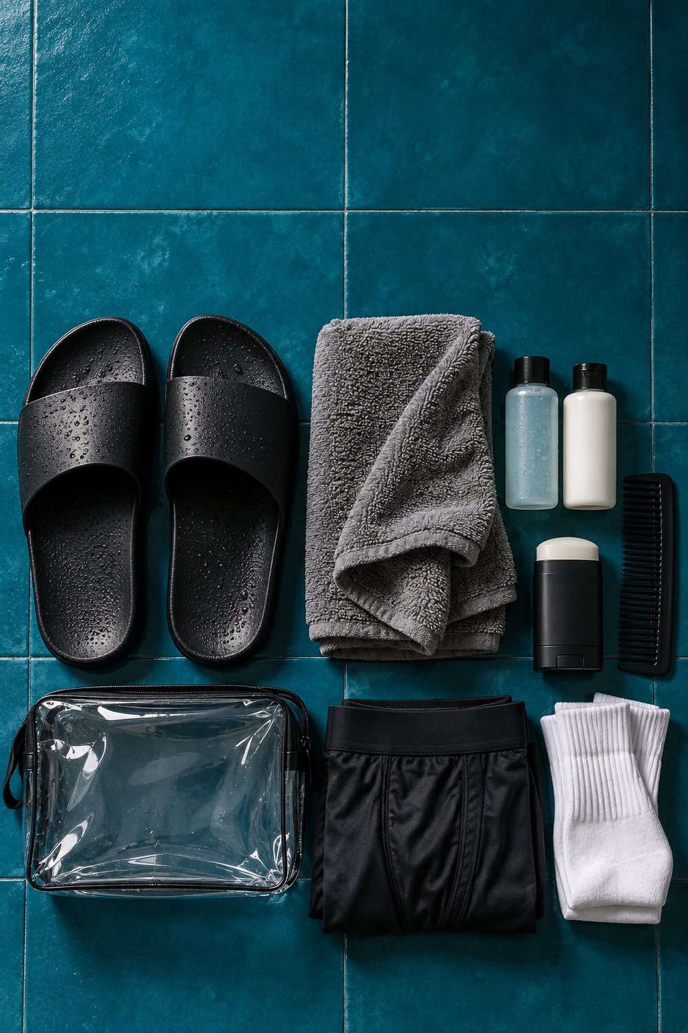 Men's gym shower kit with black slides, microfiber towel, travel bottles, comb, deodorant, clear pouch and fresh socks