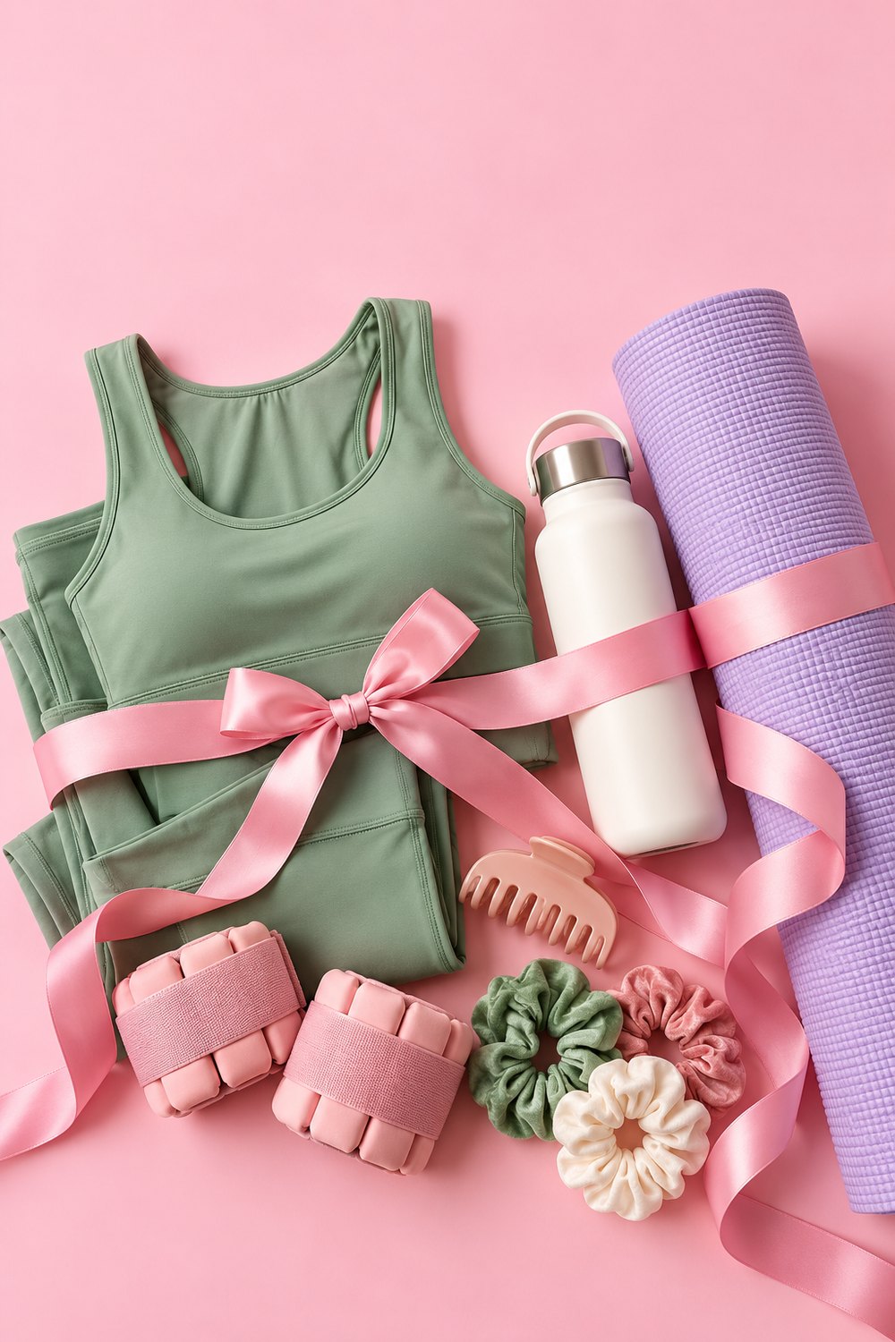 Gym gifts for her on pink: sage workout set, lilac yoga mat, pink ankle weights, claw clip, scrunchies and a white water bottle with ribbon