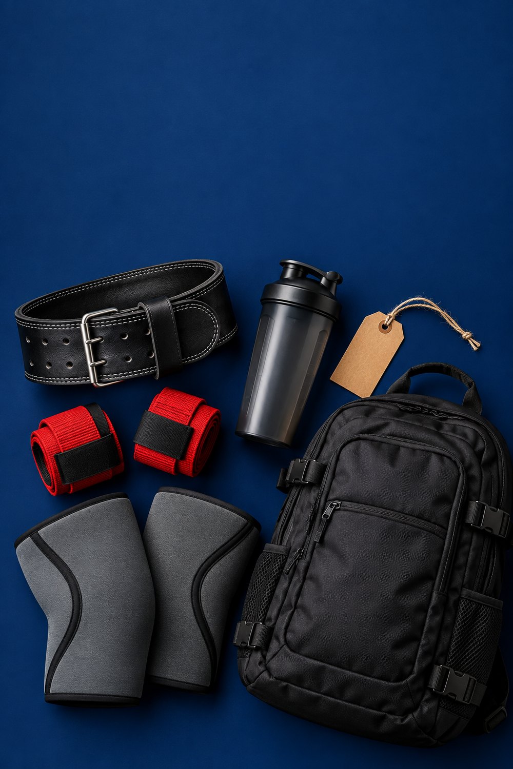 Gym gifts for him on navy: leather lifting belt, shaker, red wrist wraps, black gym backpack and knee sleeves with a kraft gift tag
