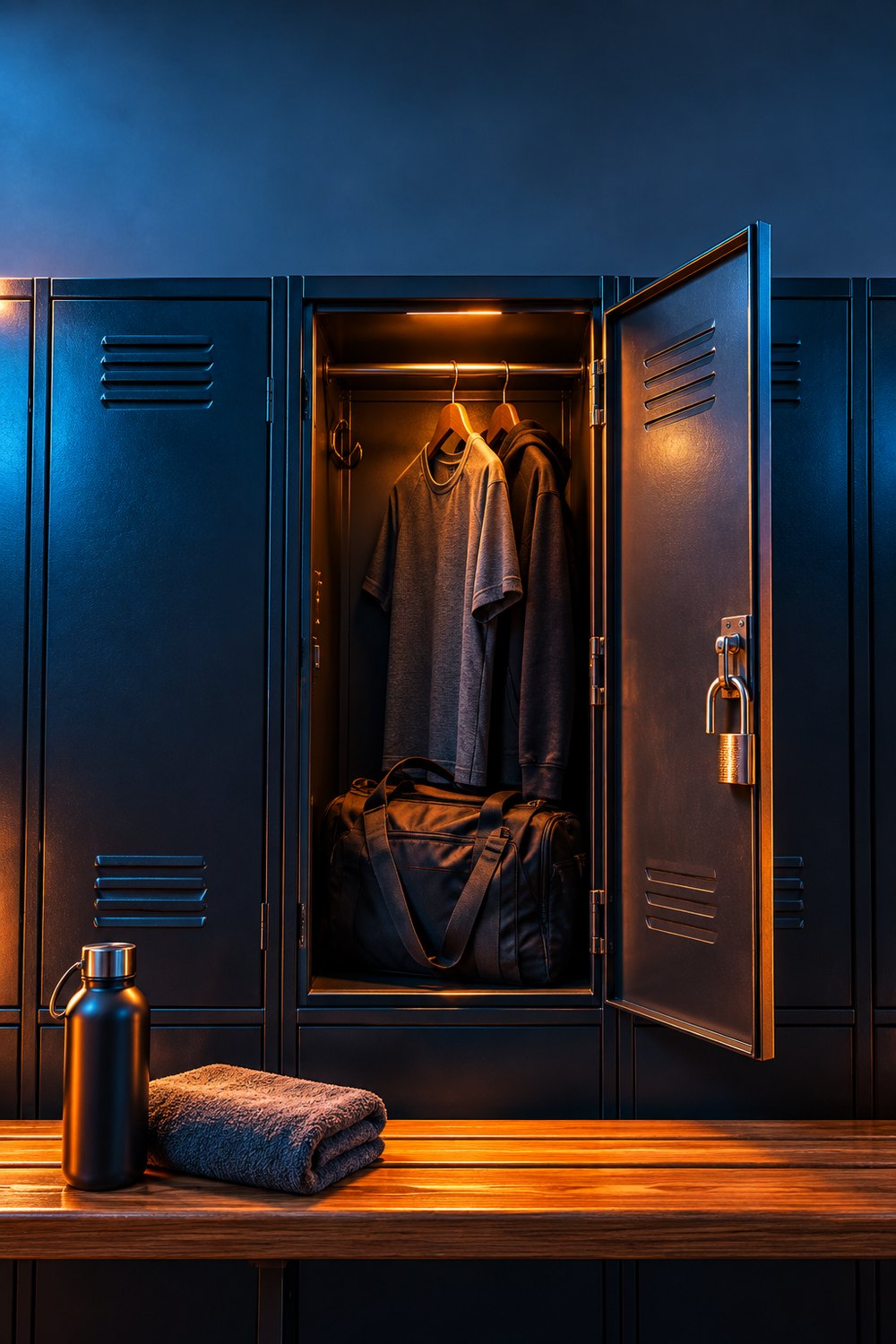 Open gym locker with a packed black duffel, clean clothes on a hanger, padlock, water bottle and towel on the bench