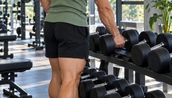 Man in a sage green ribbed tank and black training shorts picking up a dumbbell in a bright gym