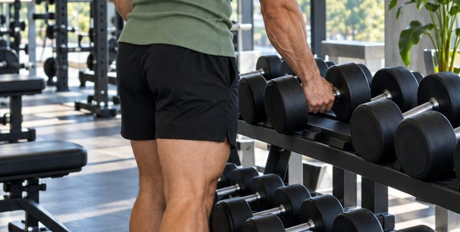 Man in a sage green ribbed tank and black training shorts picking up a dumbbell in a bright gym