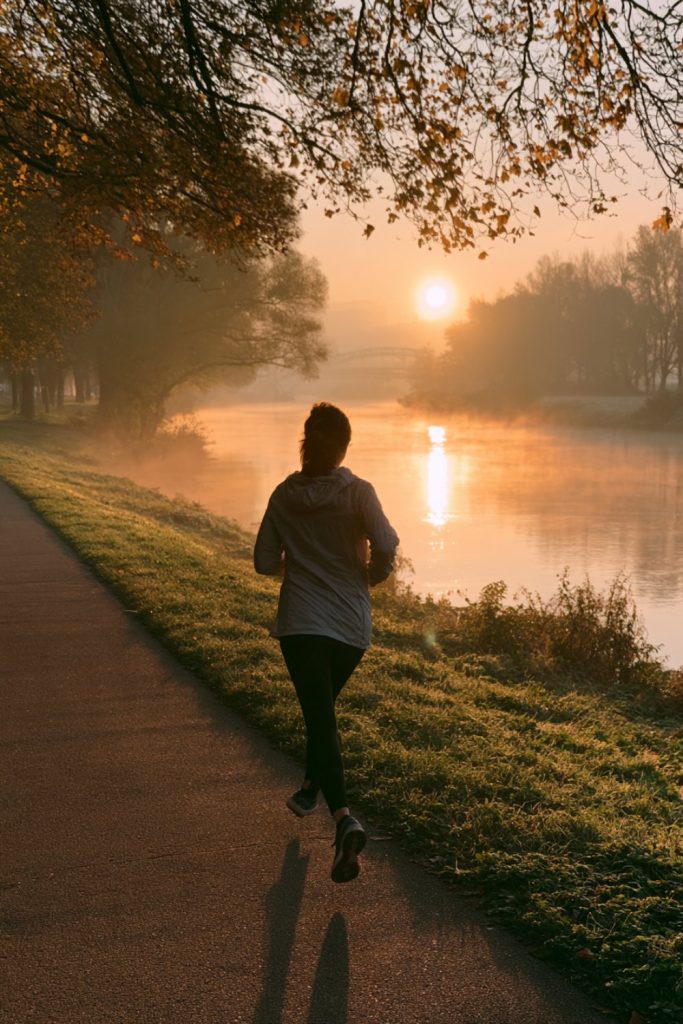 Runner seen from behind on a riverside path in misty sunrise light during a long run