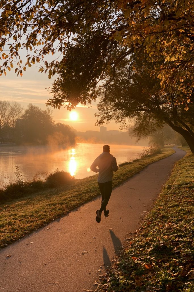 Runner on an autumn river path at dawn with golden light through the trees