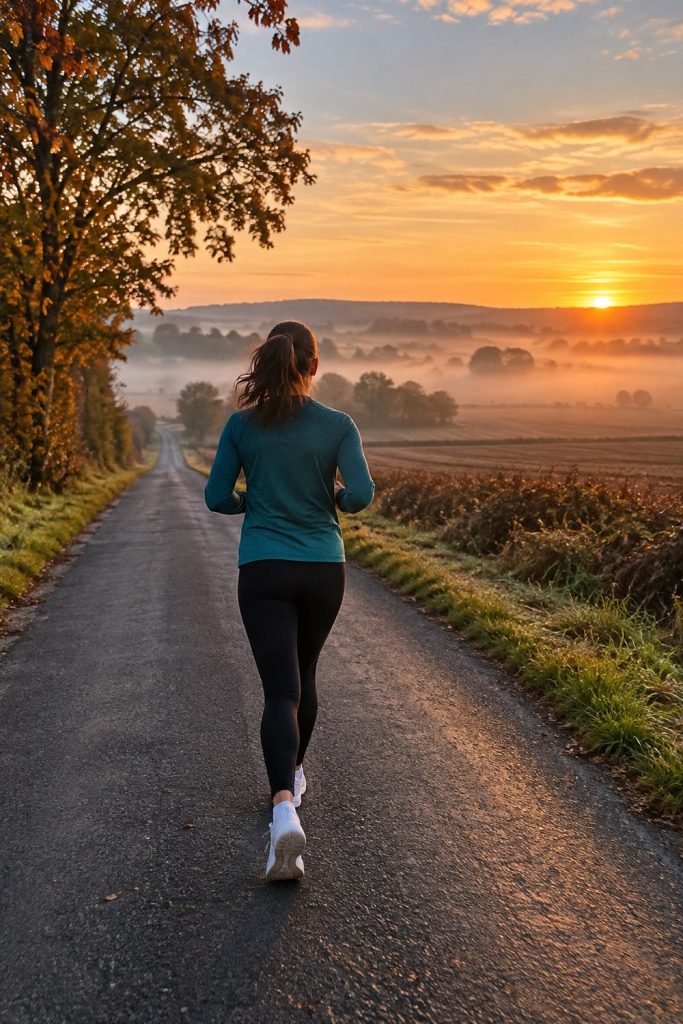 Runner seen from behind on a quiet country road at sunrise in a teal long sleeve top during an autumn long run