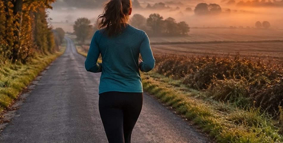 Runner seen from behind on a quiet country road at sunrise in a teal long sleeve top during an autumn long run