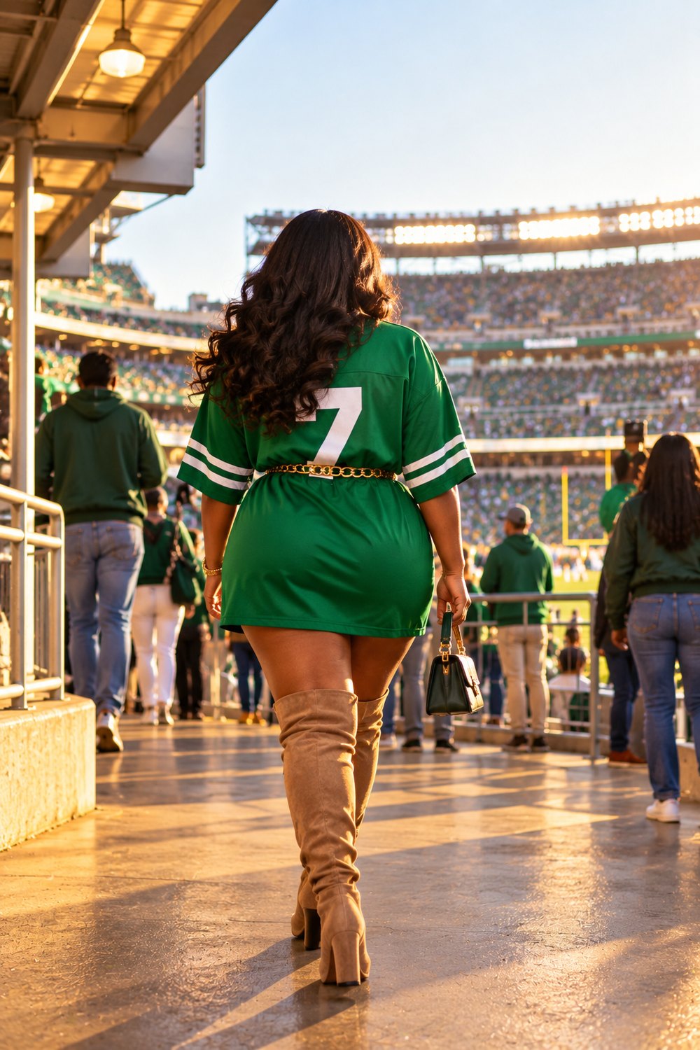 Curvy woman in a green oversized jersey dress with gold belt and tan over-the-knee boots at a stadium