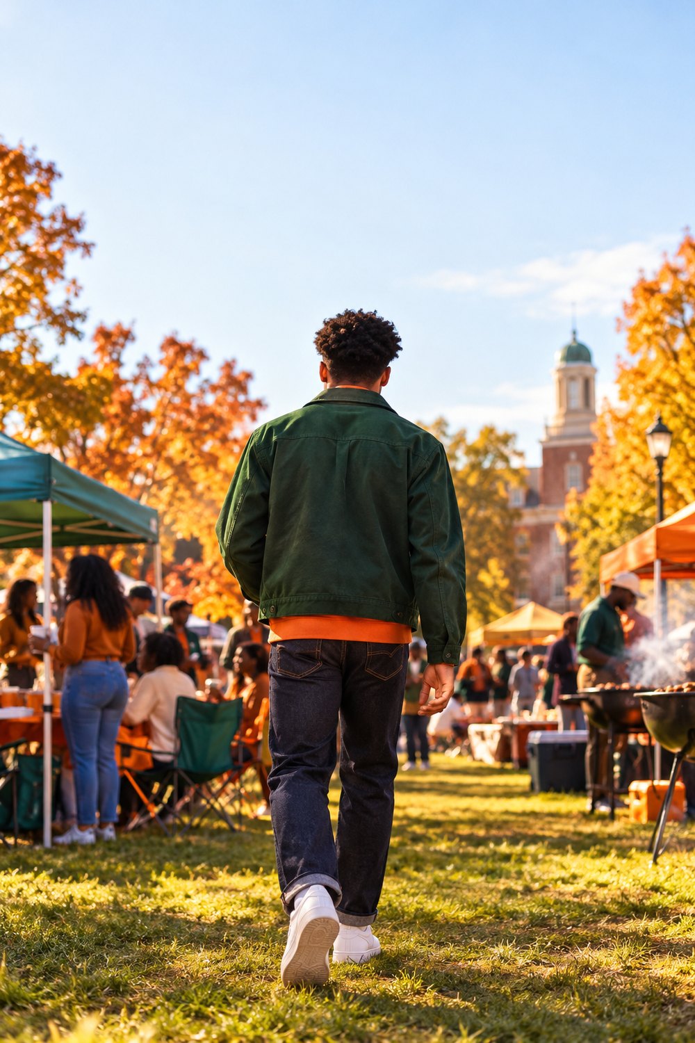 Man at a campus tailgate in a green chore jacket, orange crewneck, dark jeans and white sneakers