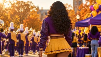 HBCU game day outfit: purple varsity jacket, gold pleated skirt and white sneakers at a homecoming tailgate