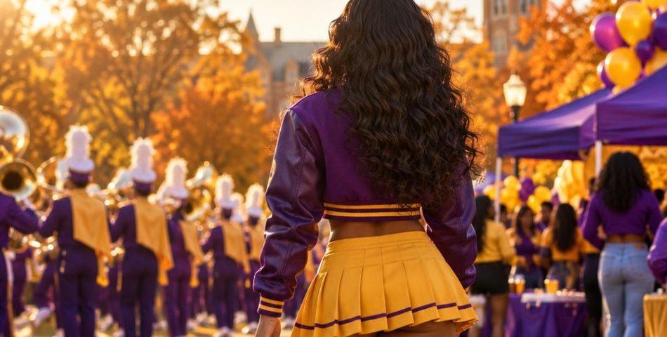 HBCU game day outfit: purple varsity jacket, gold pleated skirt and white sneakers at a homecoming tailgate