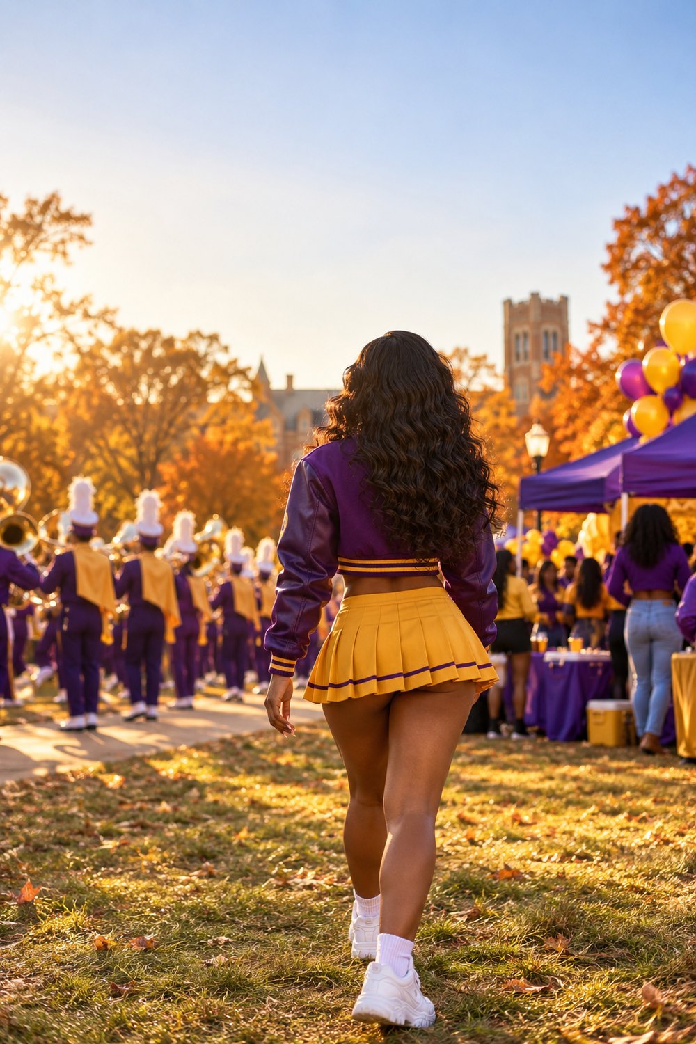 HBCU game day outfit: purple varsity jacket, gold pleated skirt and white sneakers at a homecoming tailgate