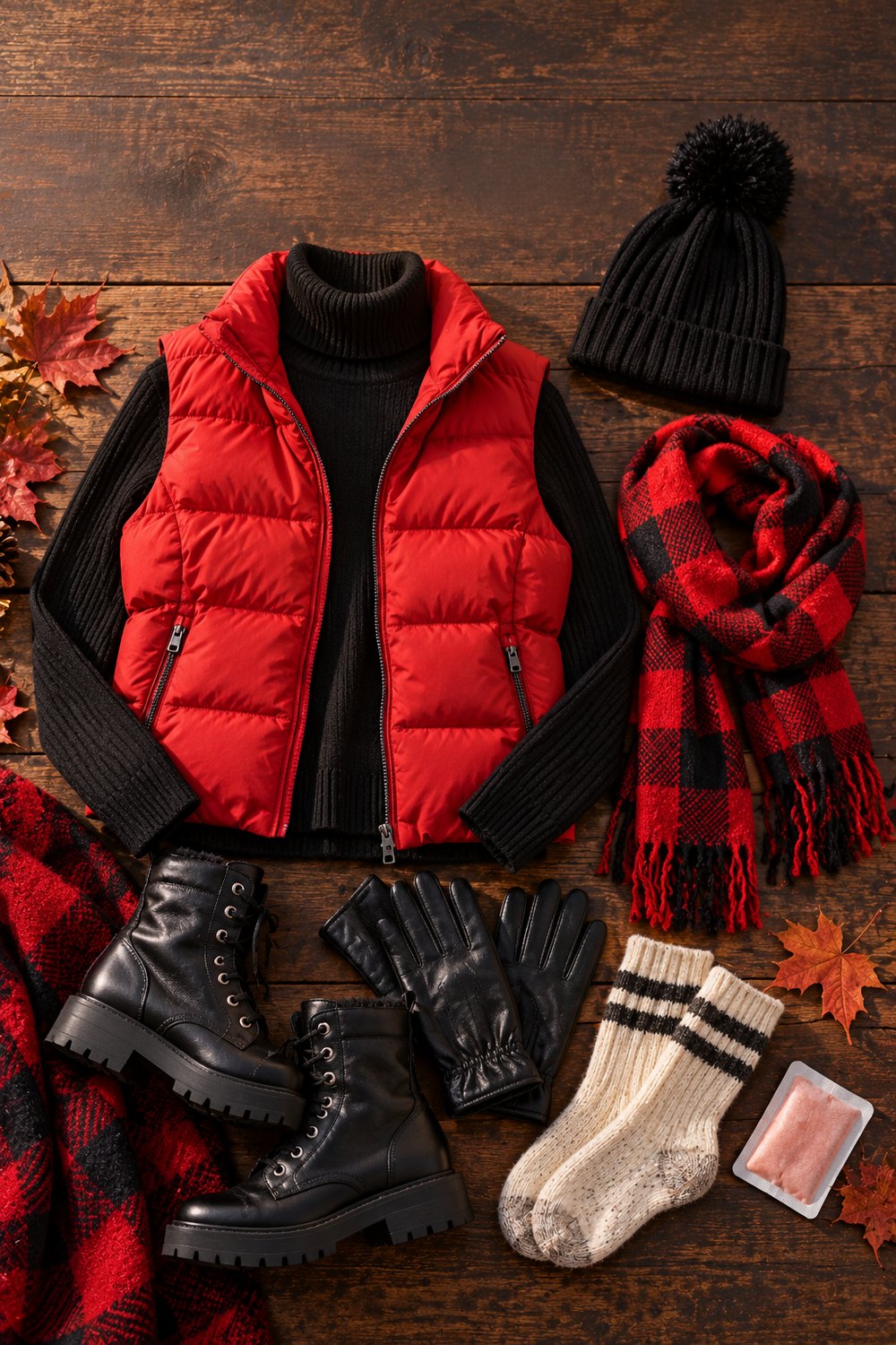 Cold weather game day flat lay with red puffer vest, black turtleneck, beanie, plaid scarf, gloves and boots