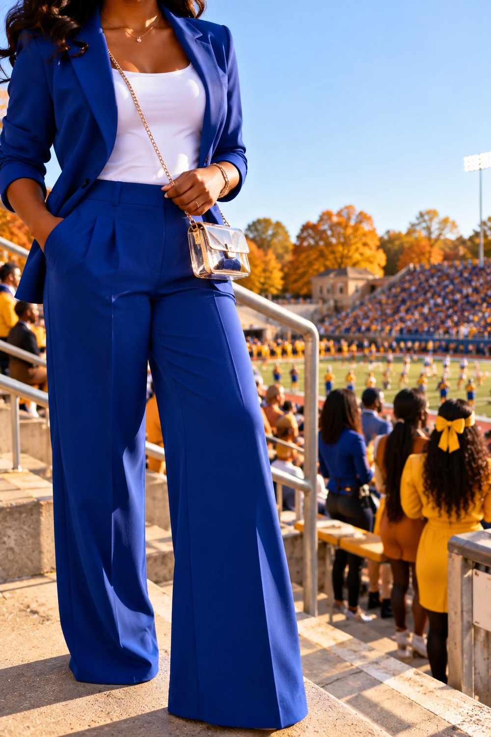 Alumni homecoming outfit: royal blue blazer and wide-leg trousers with white top and clear crossbody bag