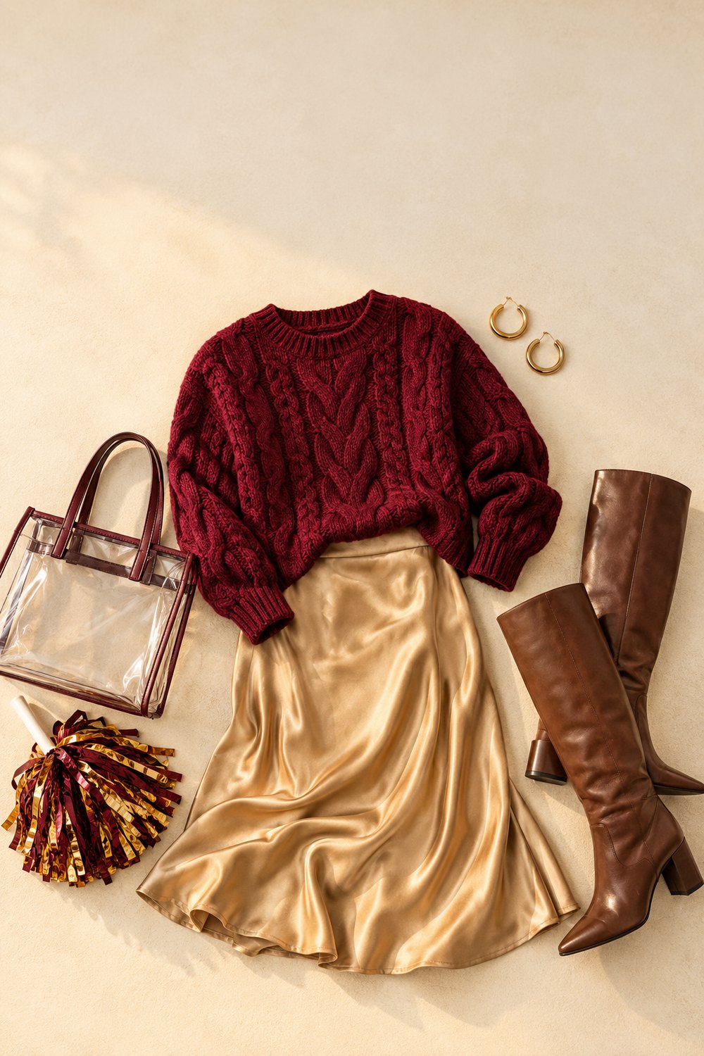 Homecoming outfit flat lay with maroon cable-knit sweater, gold satin midi skirt, brown knee boots and clear tote