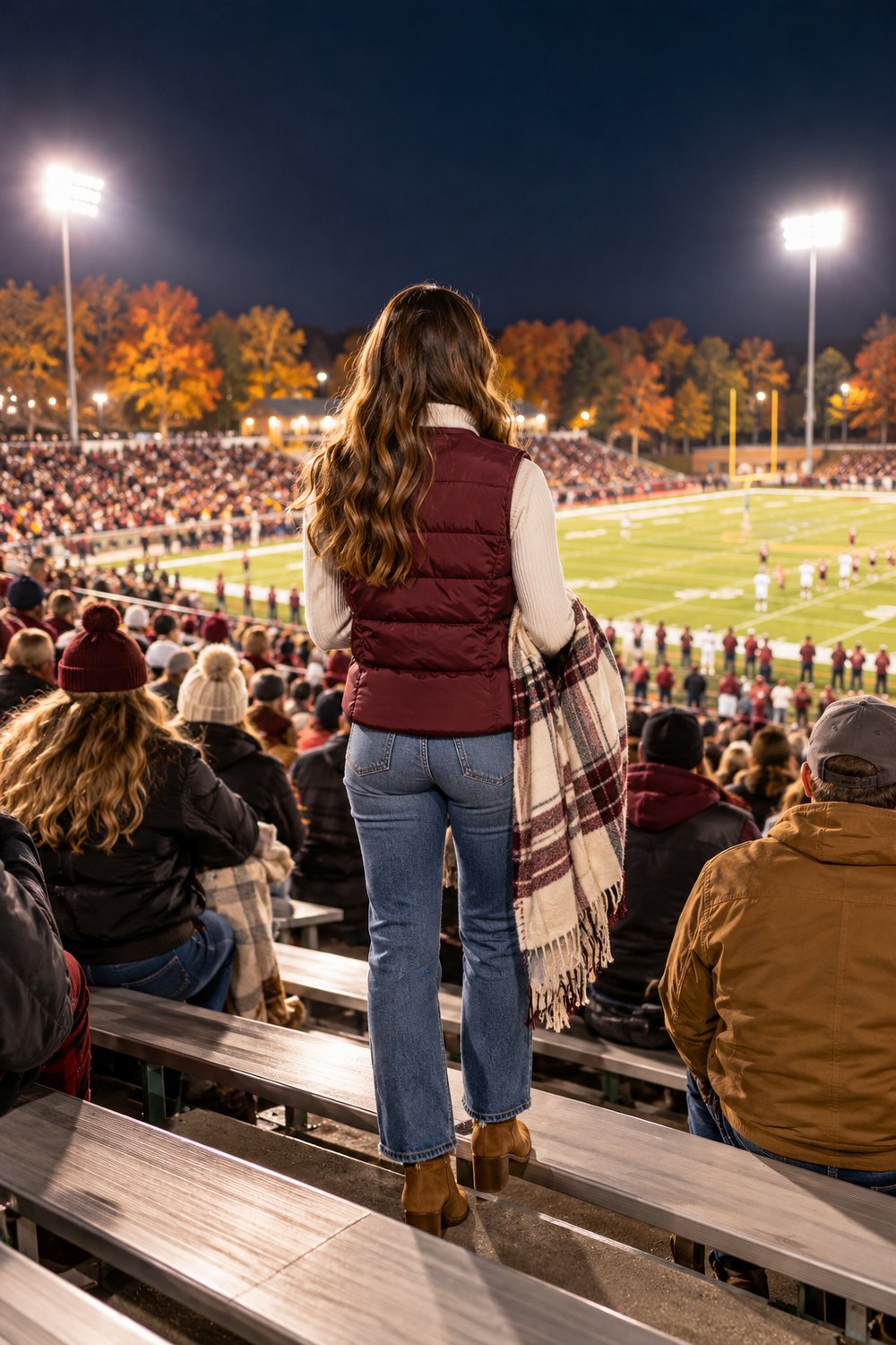 Woman seen from behind in high school football bleachers at night wearing a maroon puffer vest, white turtleneck and jeans
