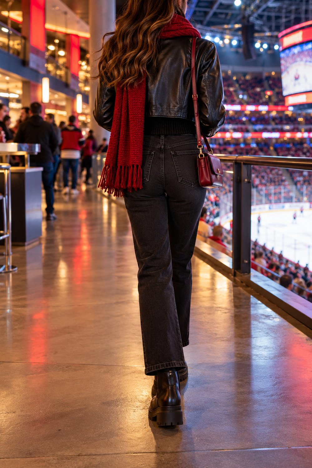 Date night hockey game outfit seen from behind: cropped black leather jacket, black jeans, lug-sole ankle boots, red scarf and burgundy crossbody