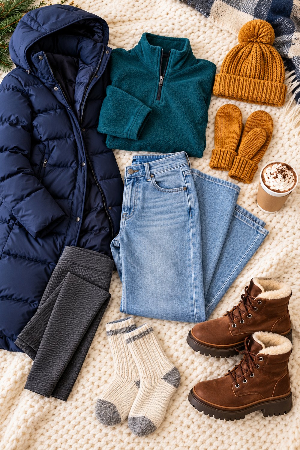 Flat lay of cold rink layers for a hockey game: navy puffer coat, teal fleece half-zip, wide-leg jeans, thermal leggings, wool socks, boots, beanie and mittens
