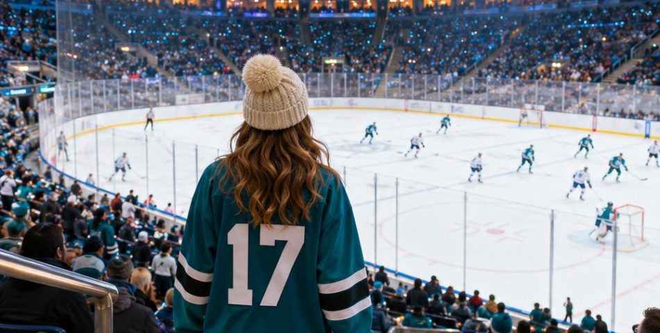 Hockey game outfit idea: woman seen from behind in an oversized teal hockey jersey, black leggings, white sneakers and cream beanie walking down arena stairs