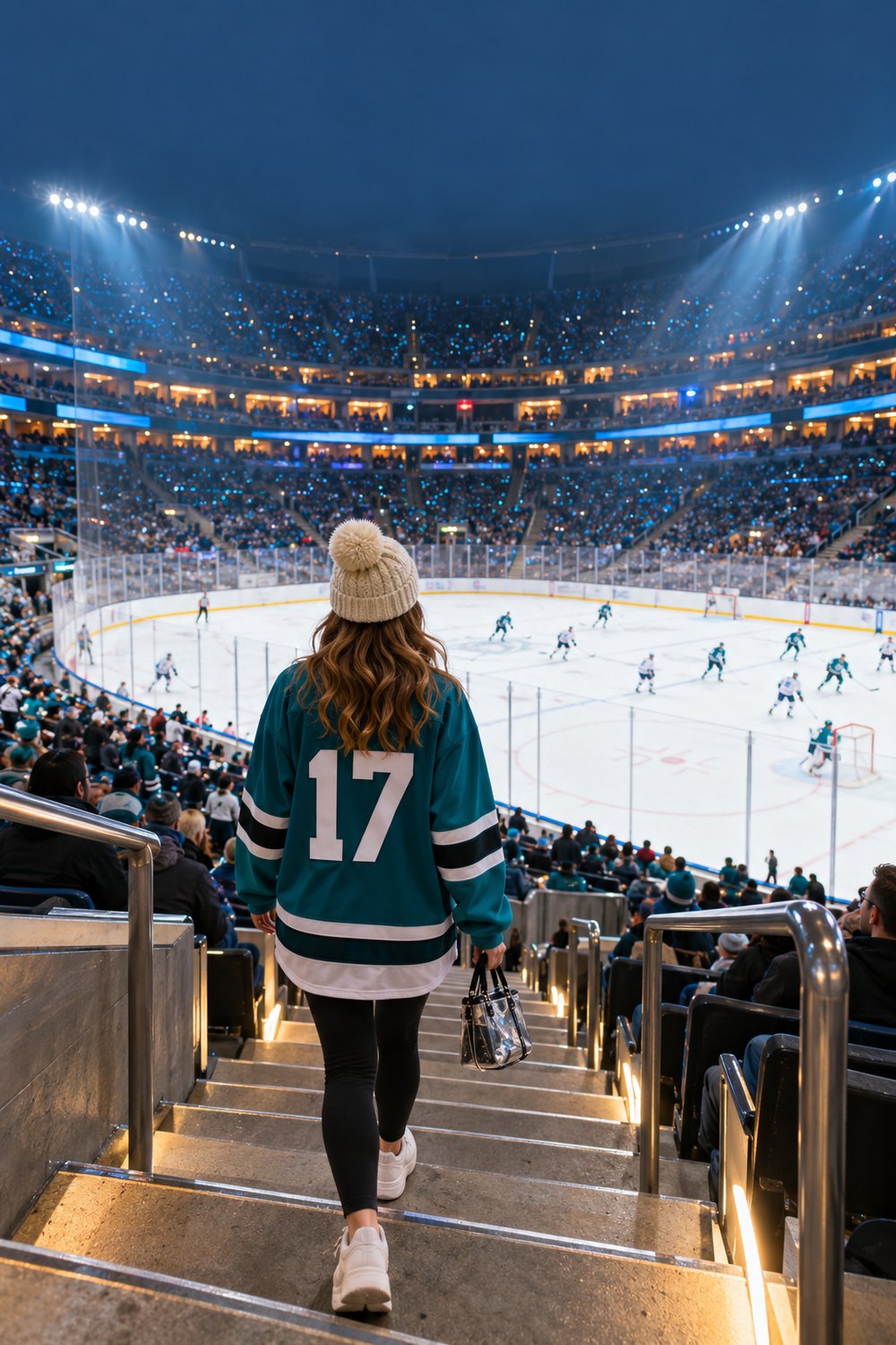 Hockey game outfit idea: woman seen from behind in an oversized teal hockey jersey, black leggings, white sneakers and cream beanie walking down arena stairs