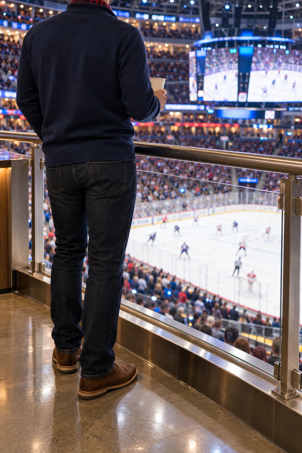 Men's hockey game outfit seen from behind: navy quarter-zip with flannel collar, dark jeans and brown leather boots at an arena railing