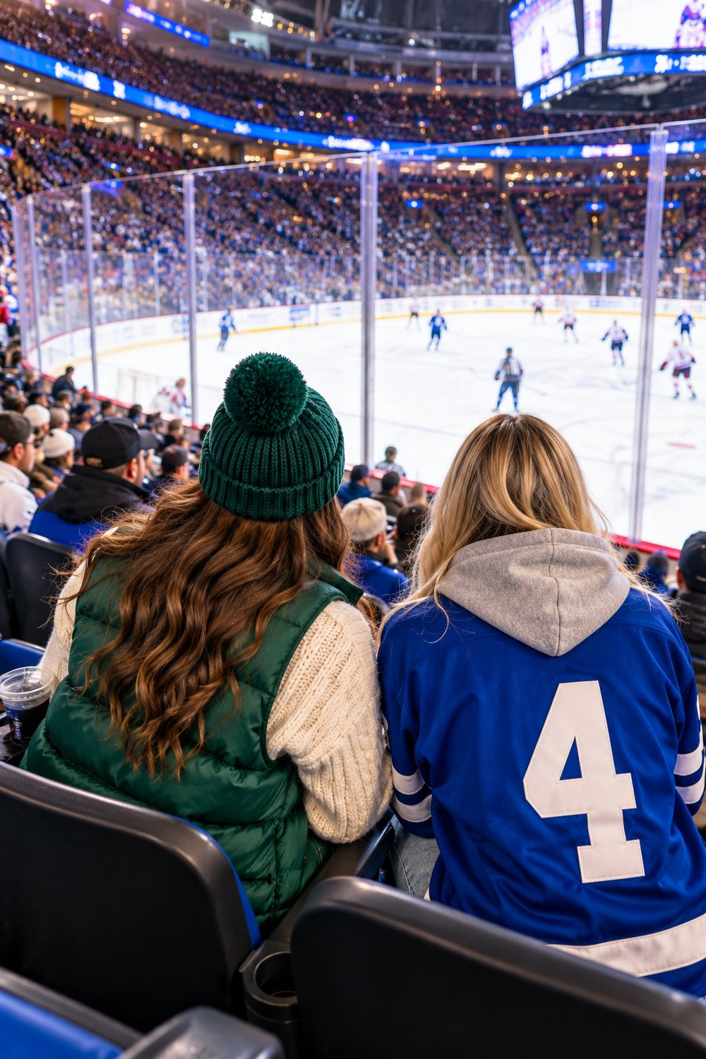 Two fans seen from behind near the rink glass, one in a cream sweater and green puffer vest, one in a blue hockey jersey over a grey hoodie