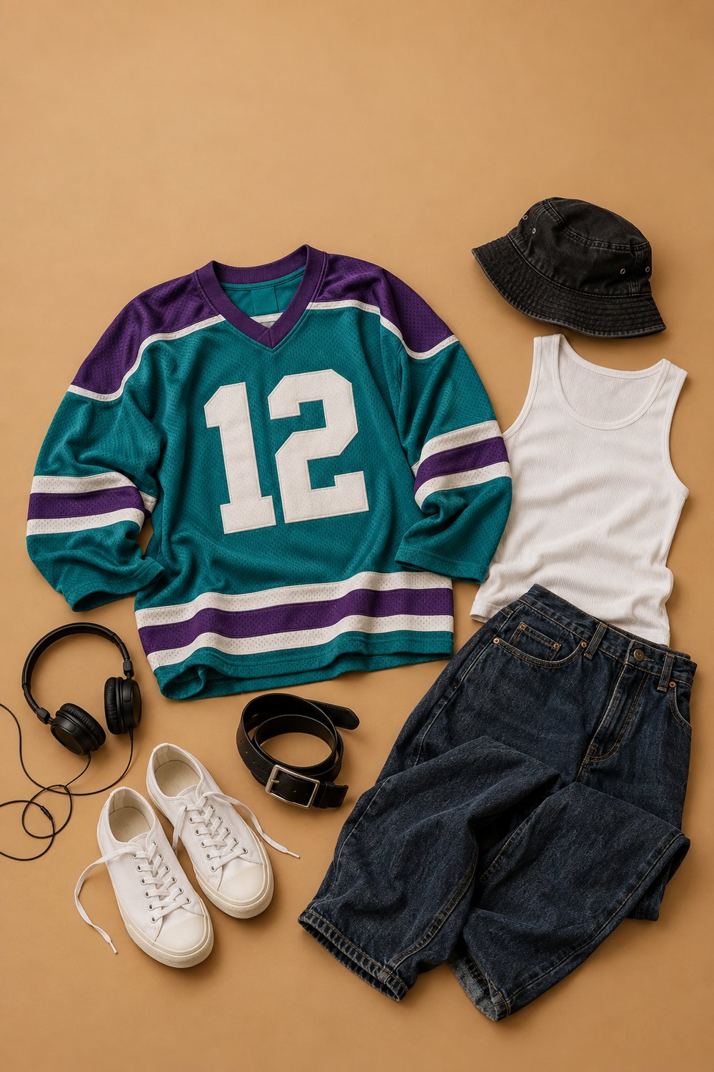 90s vintage hockey jersey outfit flat lay: teal and purple jersey, baggy dark jeans, white tank, belt, canvas sneakers and bucket hat