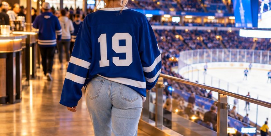 Hockey jersey outfit: woman seen from behind on an arena concourse in an oversized blue jersey, light jeans and white chunky sneakers