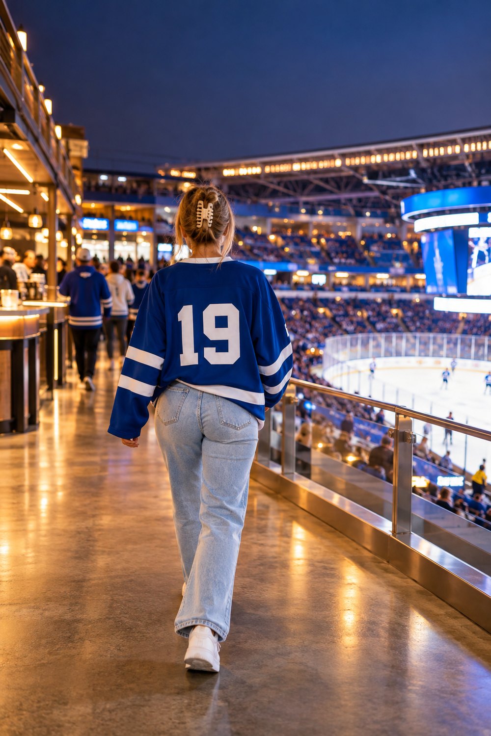 Hockey jersey outfit: woman seen from behind on an arena concourse in an oversized blue jersey, light jeans and white chunky sneakers