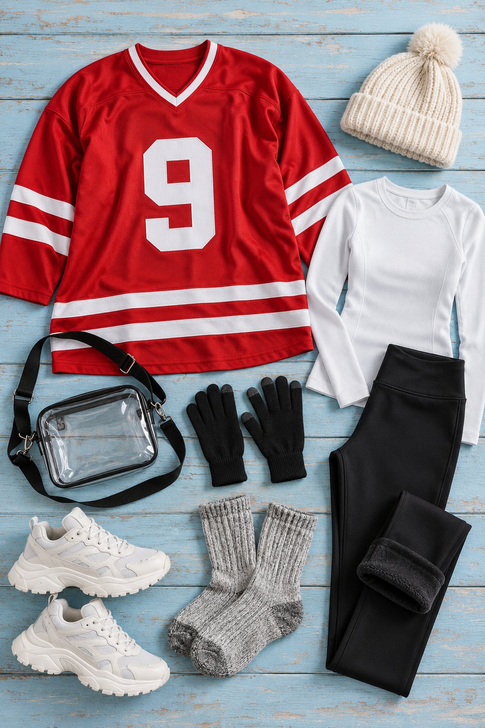 Flat lay of a women's hockey game outfit: red jersey, white thermal top, fleece-lined leggings, white sneakers, wool socks, beanie, gloves and clear crossbody bag