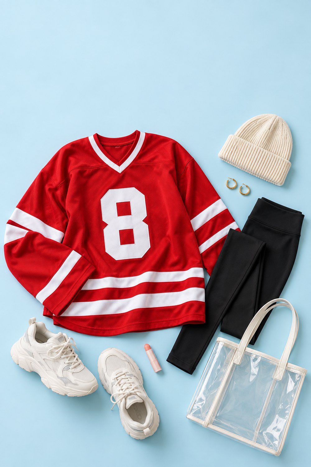 Flat lay of a red oversized hockey jersey with black leggings, white chunky sneakers, cream beanie, gold hoops and a clear tote