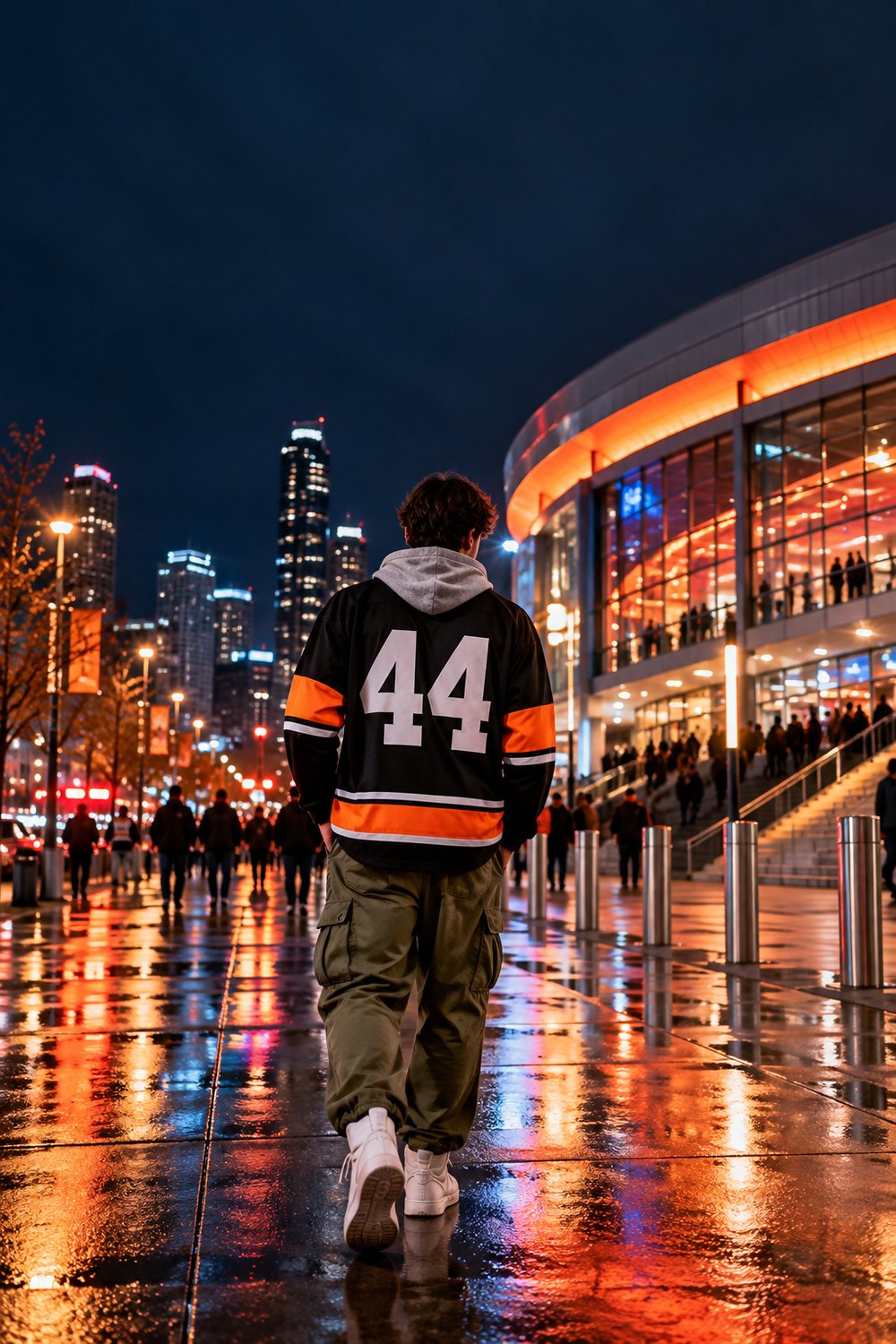 Men's hockey jersey outfit: black and orange jersey over a grey hoodie with olive cargo pants and white high-tops, seen from behind
