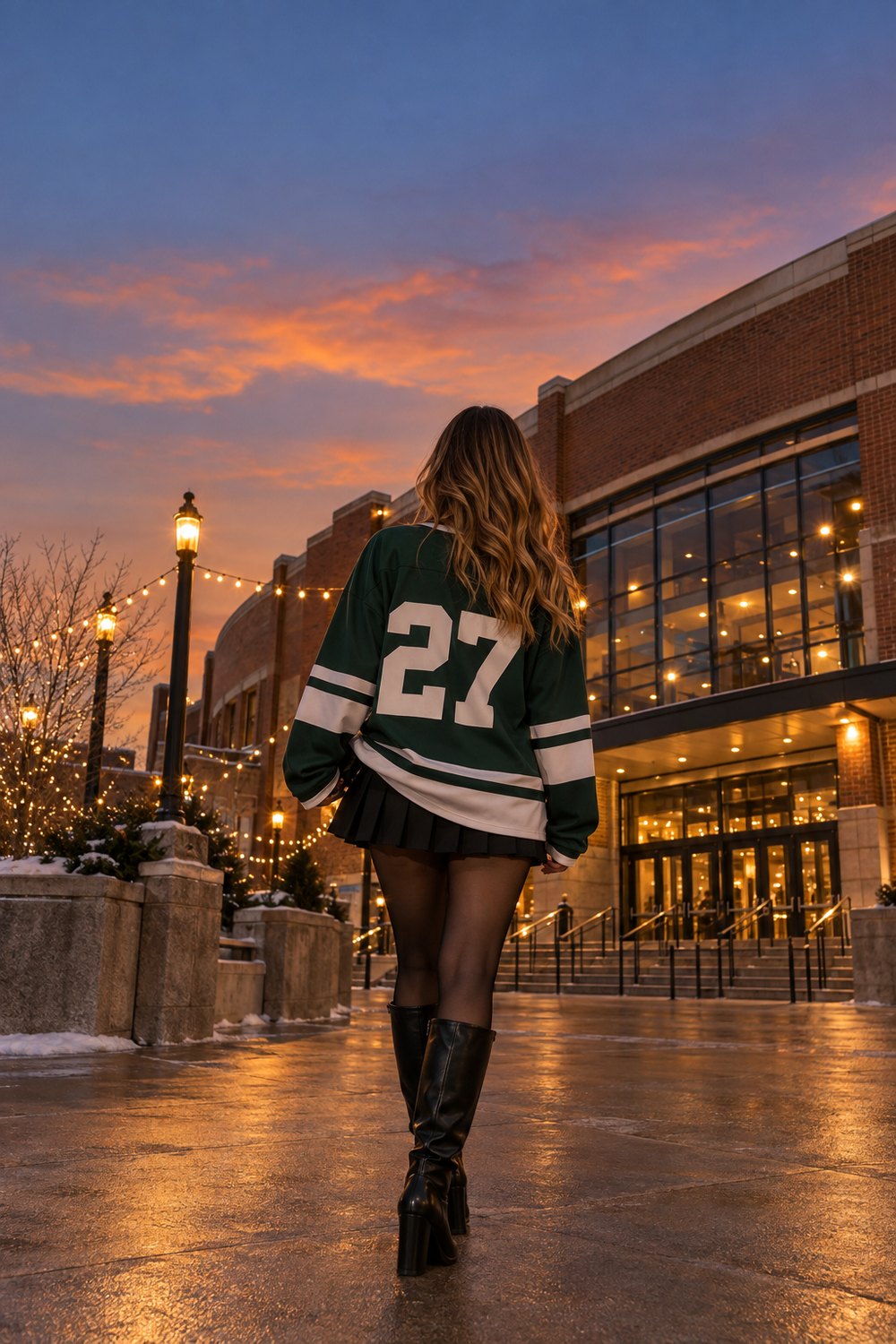 Woman seen from behind outside an arena at dusk in a green hockey jersey, black pleated mini skirt, tights and knee-high boots